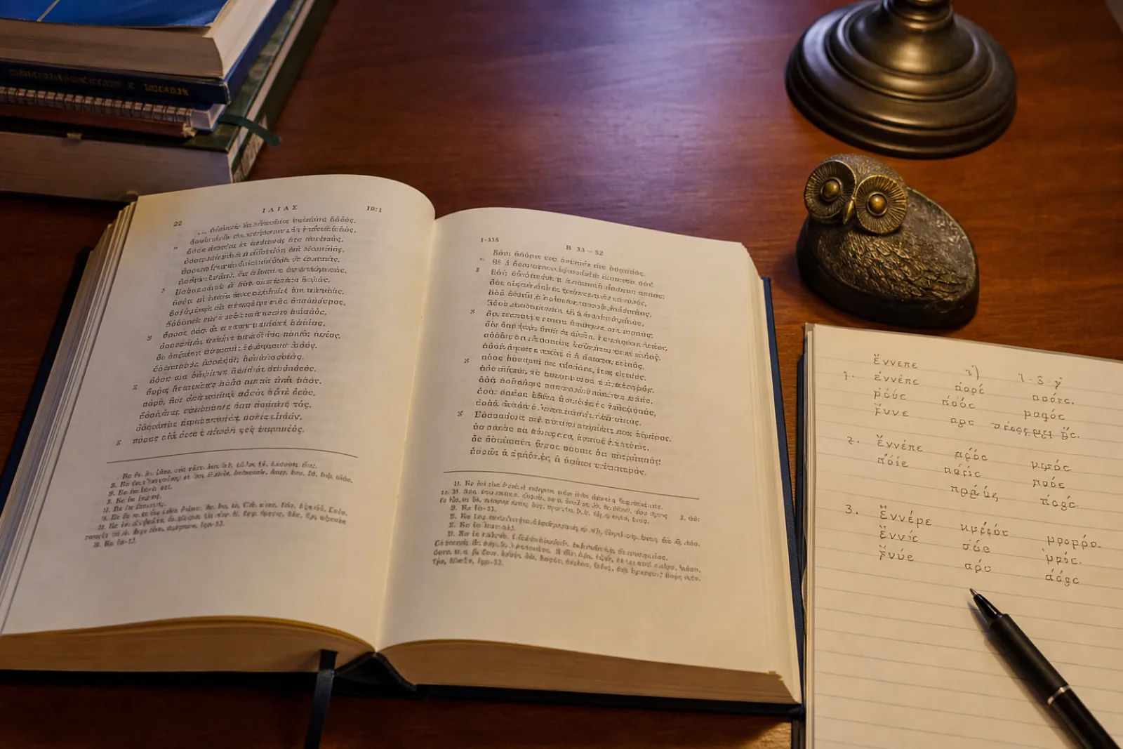 Offene Homer-Ausgabe mit handschriftlichen Akzenten auf einem Schreibtisch im Kölner Altgriechischkurs