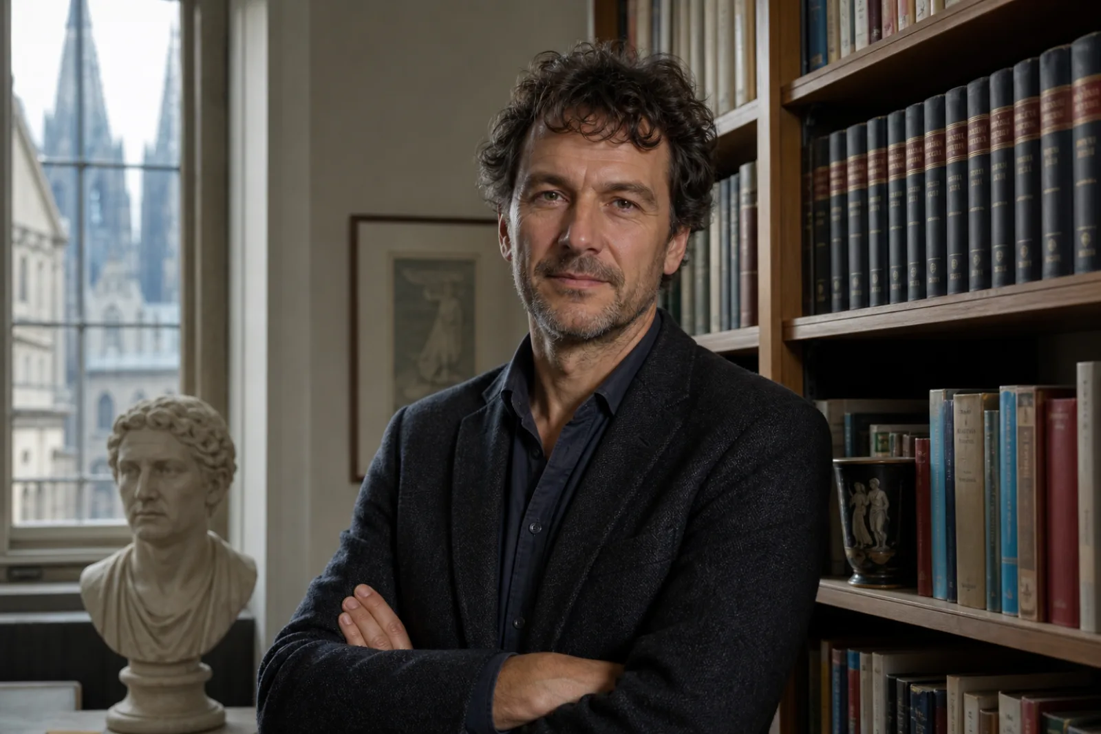 Dr. Lukas Weber, klassischer Philologe, am Bücherregal des Sprachenstudios in Köln-Lindenthal