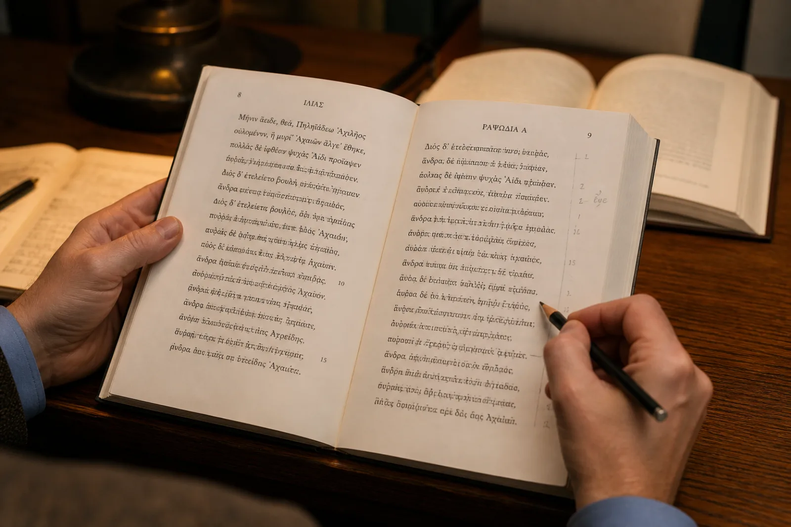 Lautes Lesen homerischer Hexameter mit Bleistiftmarkierung der Zäsur in einem Kölner Seminar
