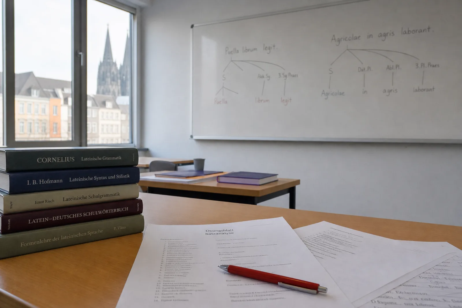 Lateinische Satzbäume an der Tafel eines Didaktikseminars für Lehrkräfte in Köln