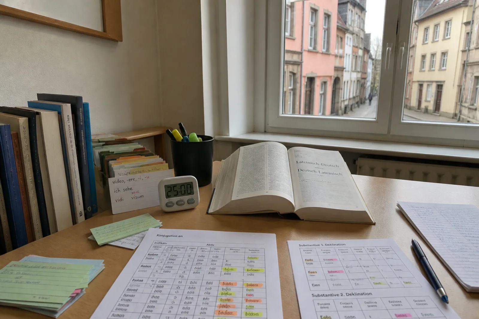Prüfungsvorbereitung auf Latinum und Graecum mit Grammatiktafeln und Timer im Kölner Studio