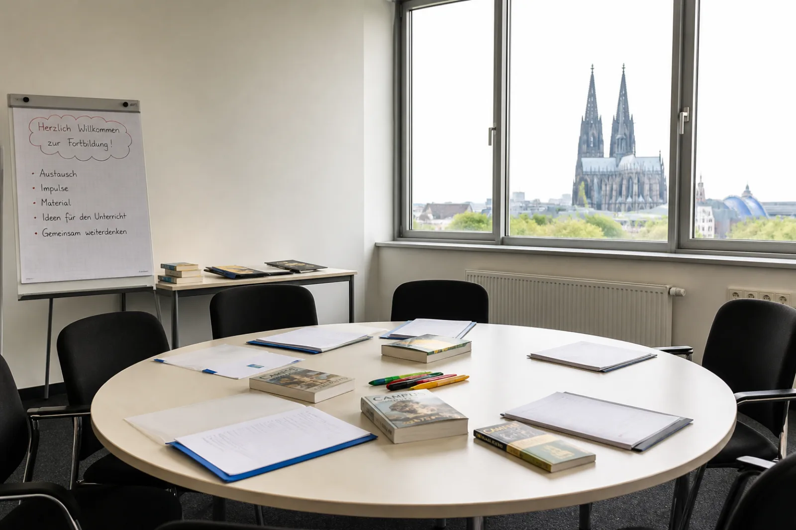 Fortbildungsraum mit Latein-Lehrplänen und Stundenentwürfen für Kölner Gymnasiallehrkräfte